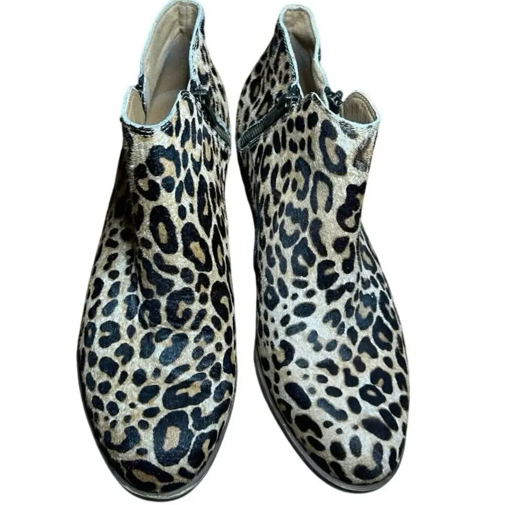 Lucky Brand Basel Double Zipper Ankle Boots Cheetah Leopard Print Leather 8.5